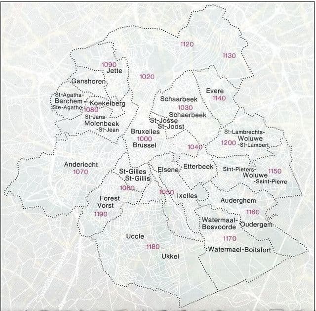 Mapa z kodami pocztowymi w Brukseli